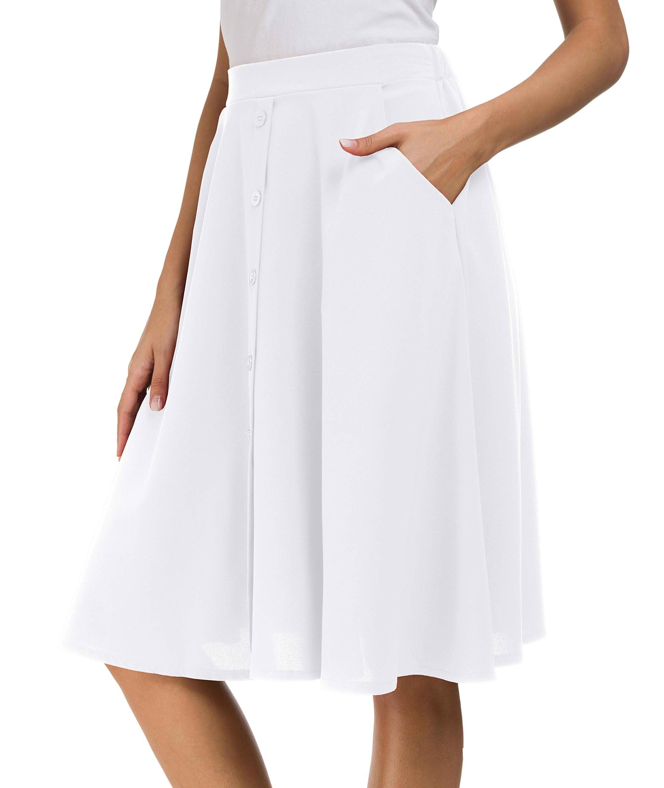 Afibi Womens High Waisted A Line Pleated Midi Skirt Button Front Skirts with Pocket