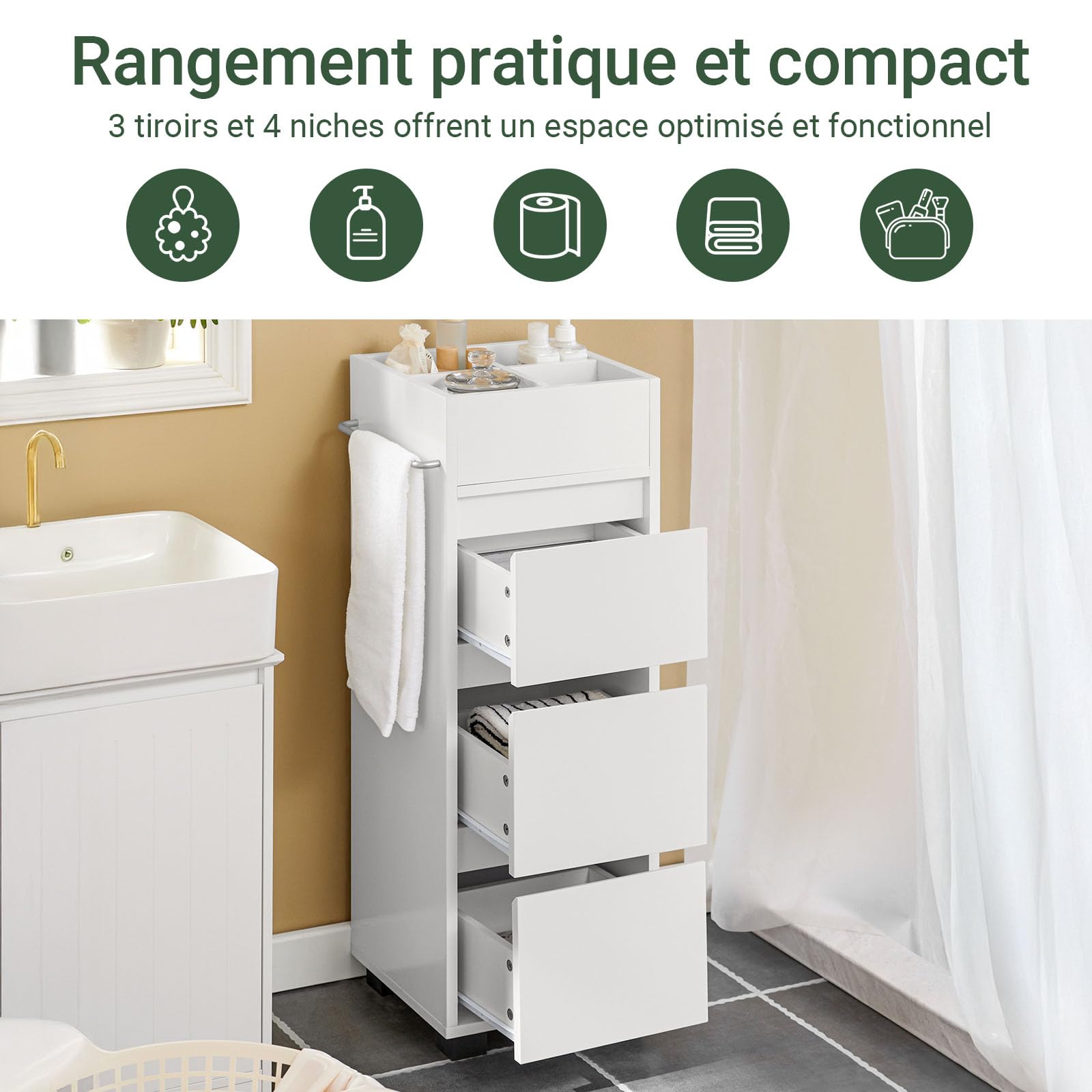 SoBuy Meuble Salle de Bain Petit Meuble Rangement avec 3 Tiroirs 4 Compartiments, Porte-Serviettes – Armoire Salle de Bain Compacte, Idéale pour Toilette en Bois, Meuble WC Blanc, 30x90x30cm, BZR29-W