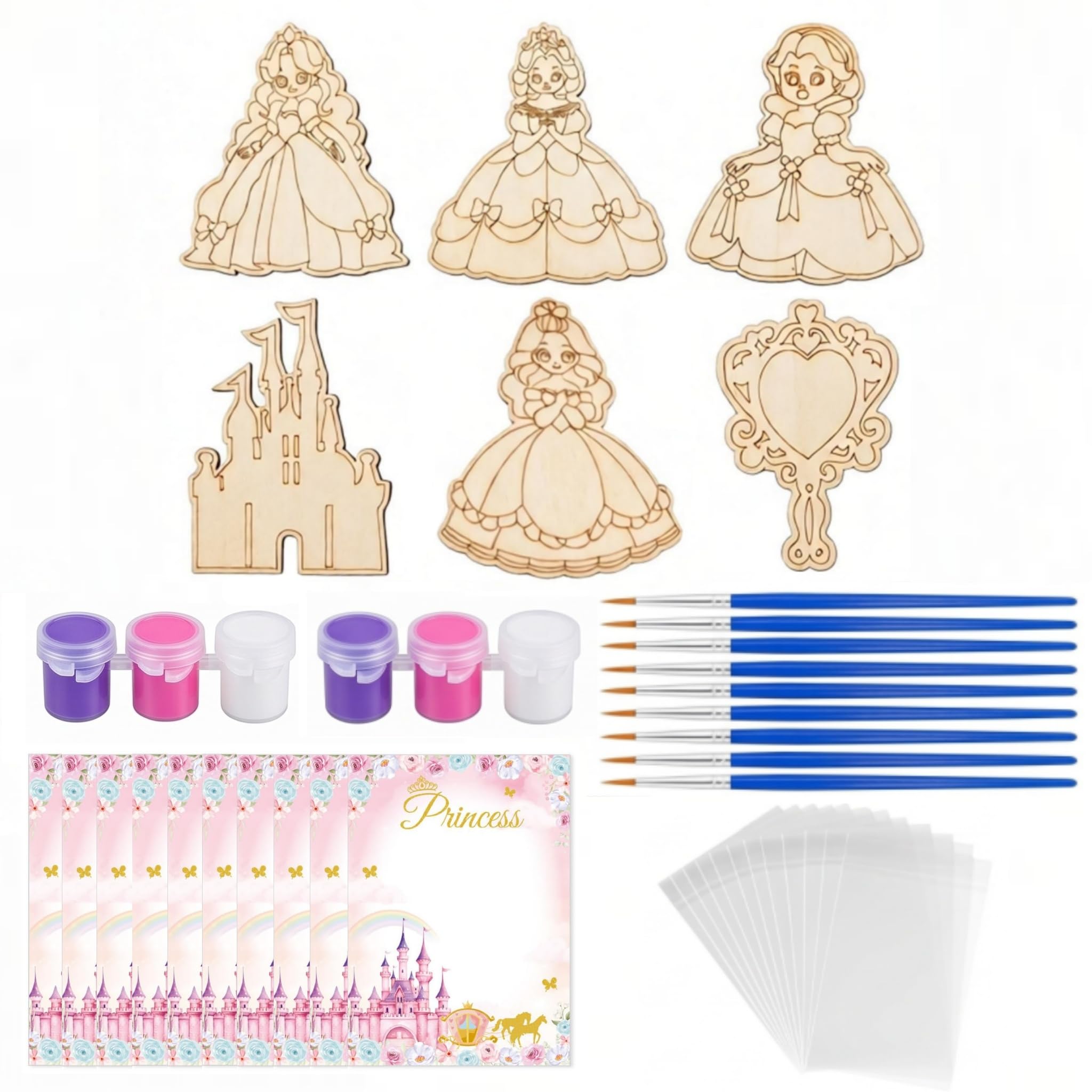 DIY Wood Painting Kits Party Favors with Cards & Art Supplies (Princess)