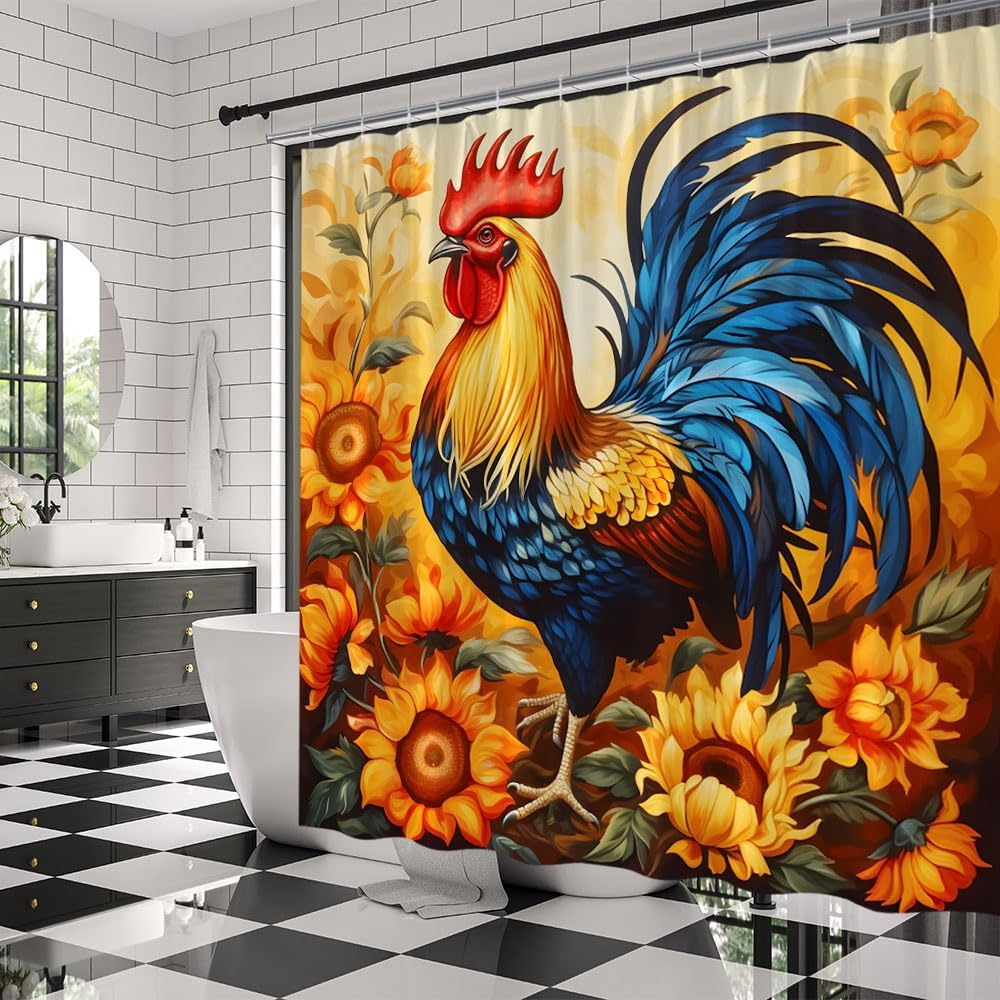 Colorful Rooster Shower Curtain Rustic Farmhouse Cock Chicken Sunflower Animals Plants Nature Scenery Fabric Bathroom Decor Curtains with Hooks,106 x 70