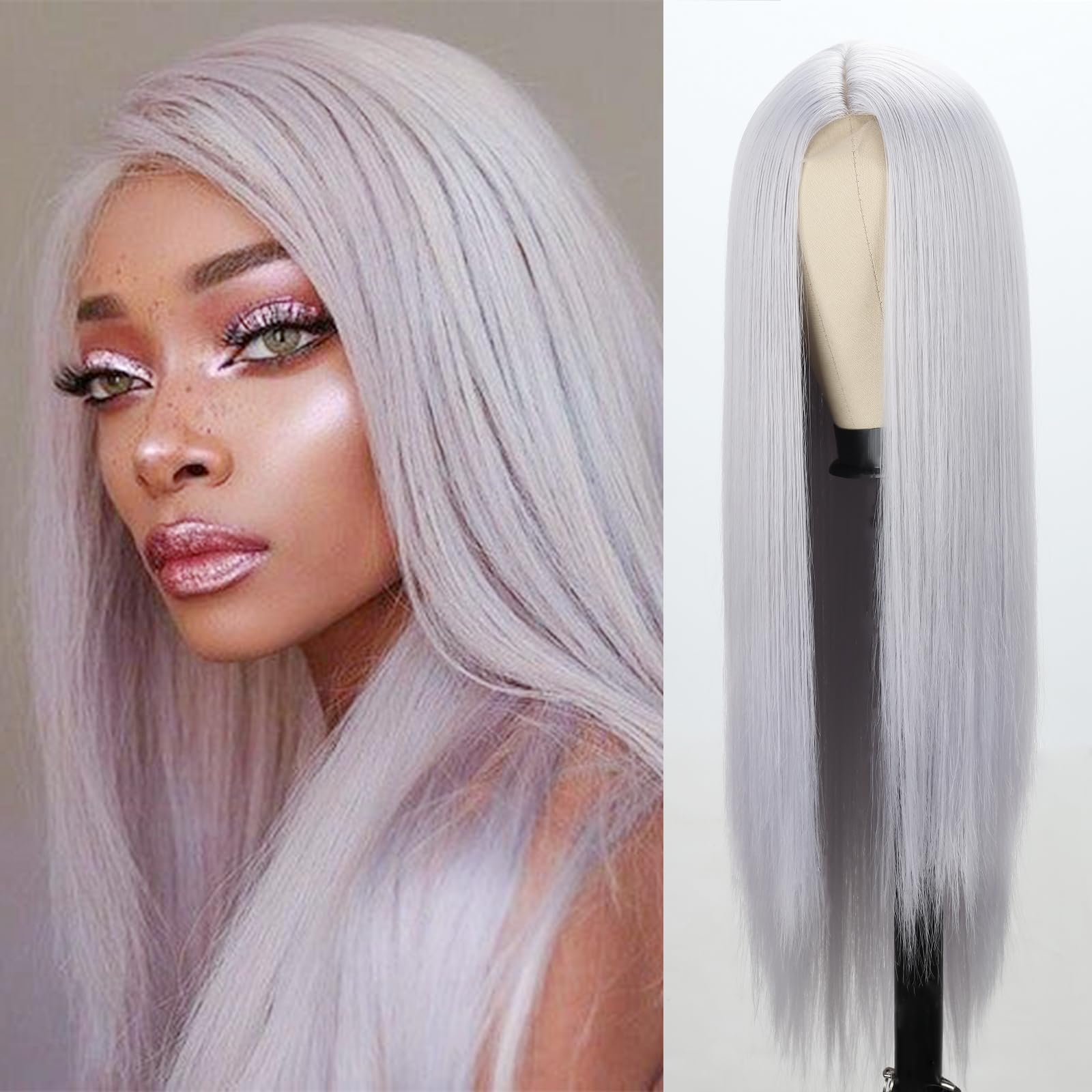 Xinran Wig for Women - Long Straight Grey Synthetic Hair Wig with Natural Hairline - Middle Part Style - Daily Use & Cosplay