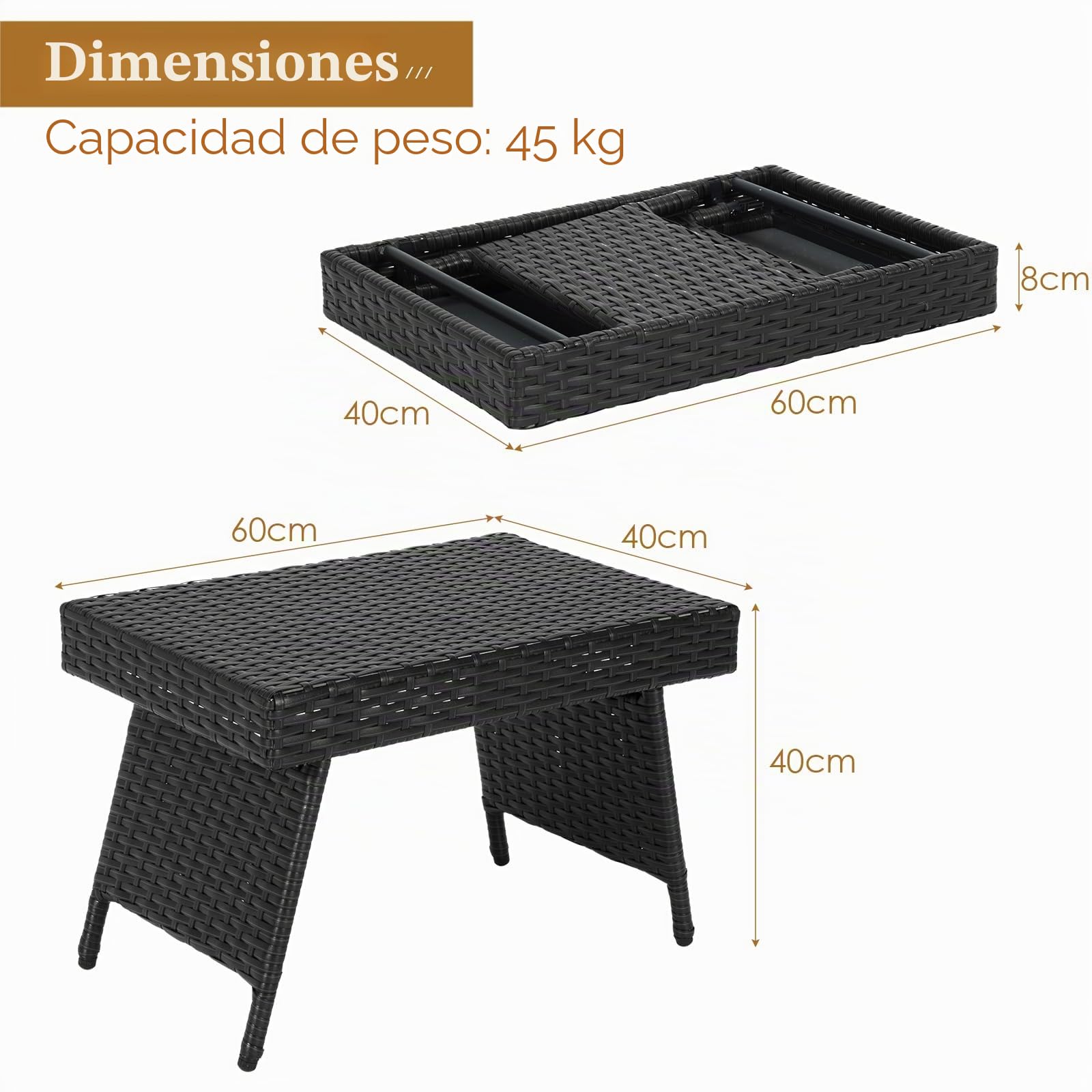 LIFEZEAL Mesa baja plegable de ratán, mesa baja exterior con estructura de acero, 60 x 40 x 40 cm, mesa de jardín con capacidad de carga de 45 kg, color negro