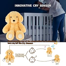 BEREST Baby Cry Sensor Sleepy Dog Sleep Soother Sleeping Aid White Noise Infant Stuffed Animal Puppy Dog Toy, Nursery Decor with Night Light, Moms Heartbeat 9 Sounds Therapy for Toddler Crib