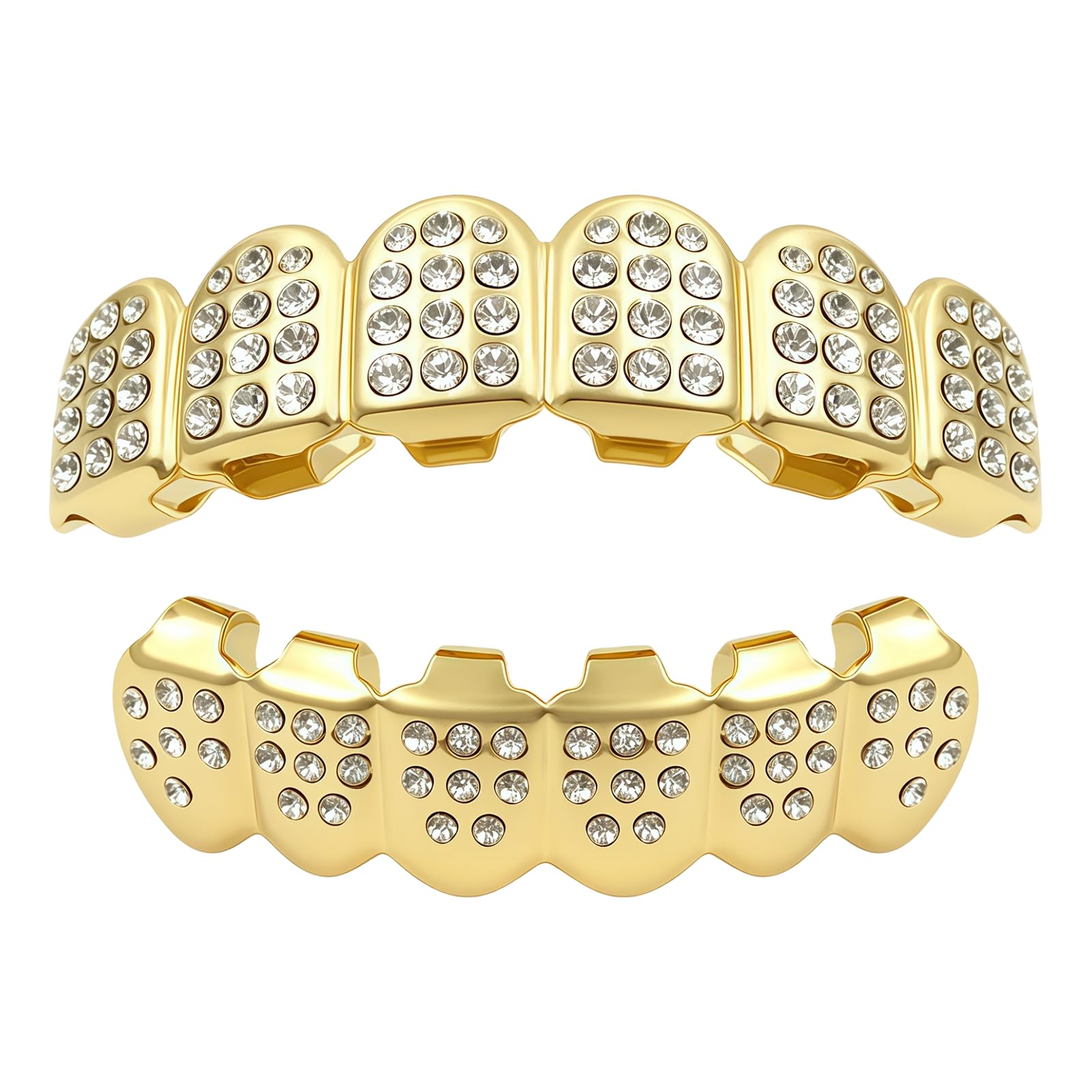YIERM Teeth Grills Set Gold Plated Grillz Rhinestone Cold‑Plated Copper Teeth Gold Grill for Men Hip Hop Upper Lower Caps for Halloween Costume Party Apparel