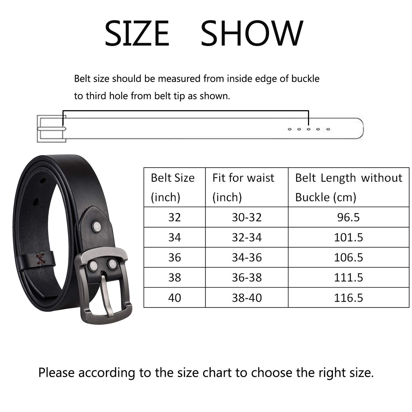 FIEEIF Western Leather Belts for Men Casual Handmade Classic Belts with Prong Metal Buckle 1.5 inch Wide, Gift Box, Black Size 36 inch