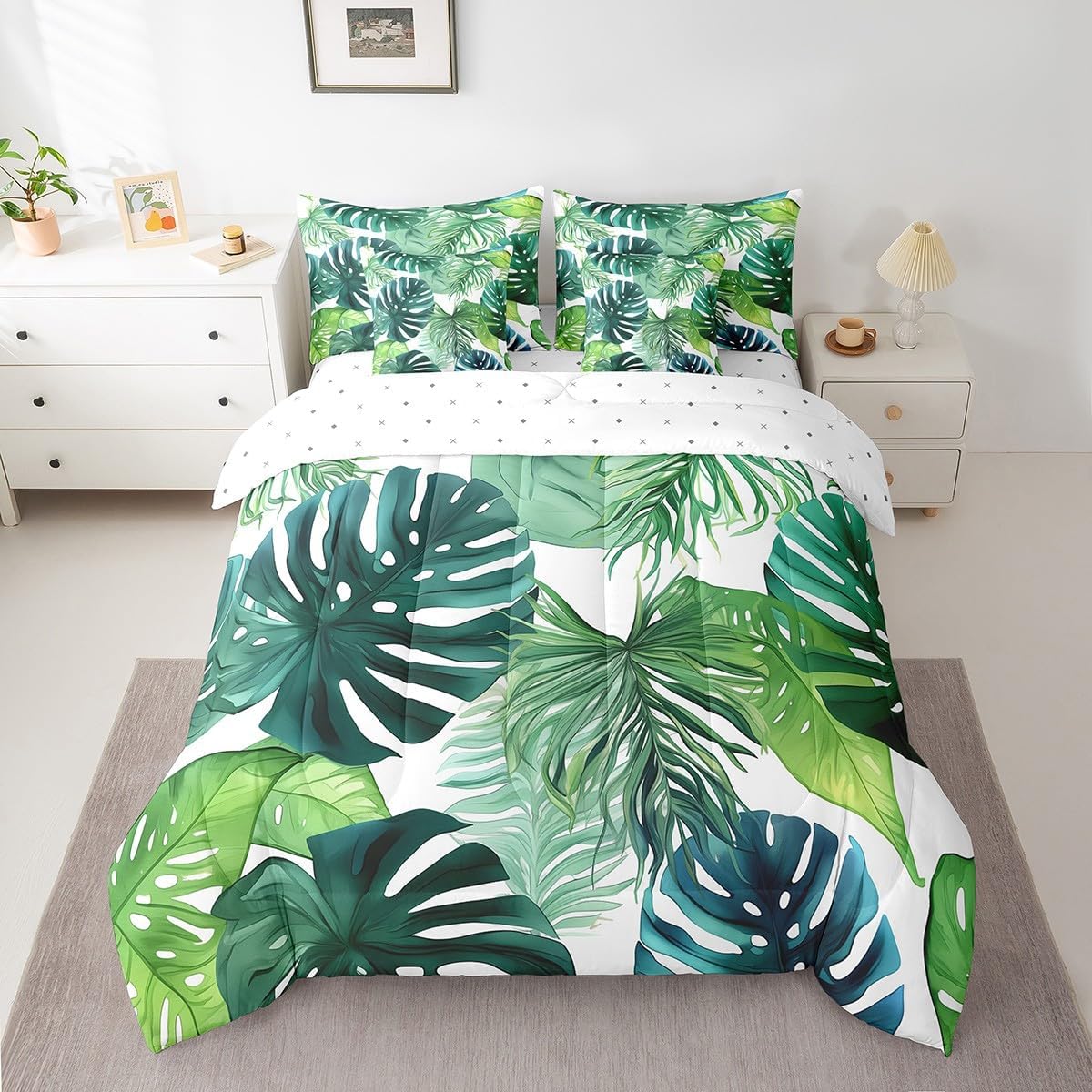 Erosebridal Palm Leaf Comforter Set 7 Piece Twin Size, Green Leaves Bedding Bed in A Bag, Rustic Farmhouse Flower Comforter Set Branches Leaves Country Sheet Set Palm Leaves Pillow Cases