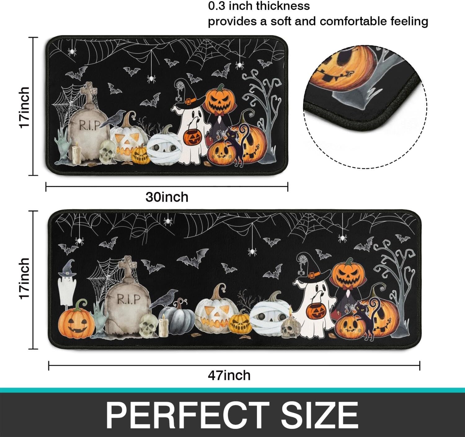 2 Piece Halloween Kitchen Decor Rugs Set,Bat Pumpkin Kitchen Rugs and Mats Non Skid Washable Absorbent Kitchen Accessories Decoration Floor Mats 17"x47"+17"x30"