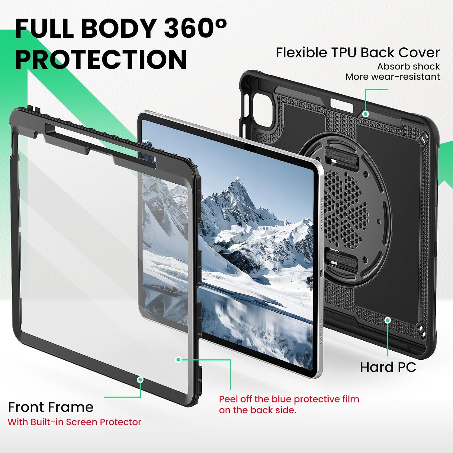 SEYMAC for iPad Air 13 Inch Case M4 / M3 / M2 (2026/2025 / 2024), Full-Body Shockproof Protective Case with Screen Protector, Rotating Stand, Hand/Shoulder Strap, Black