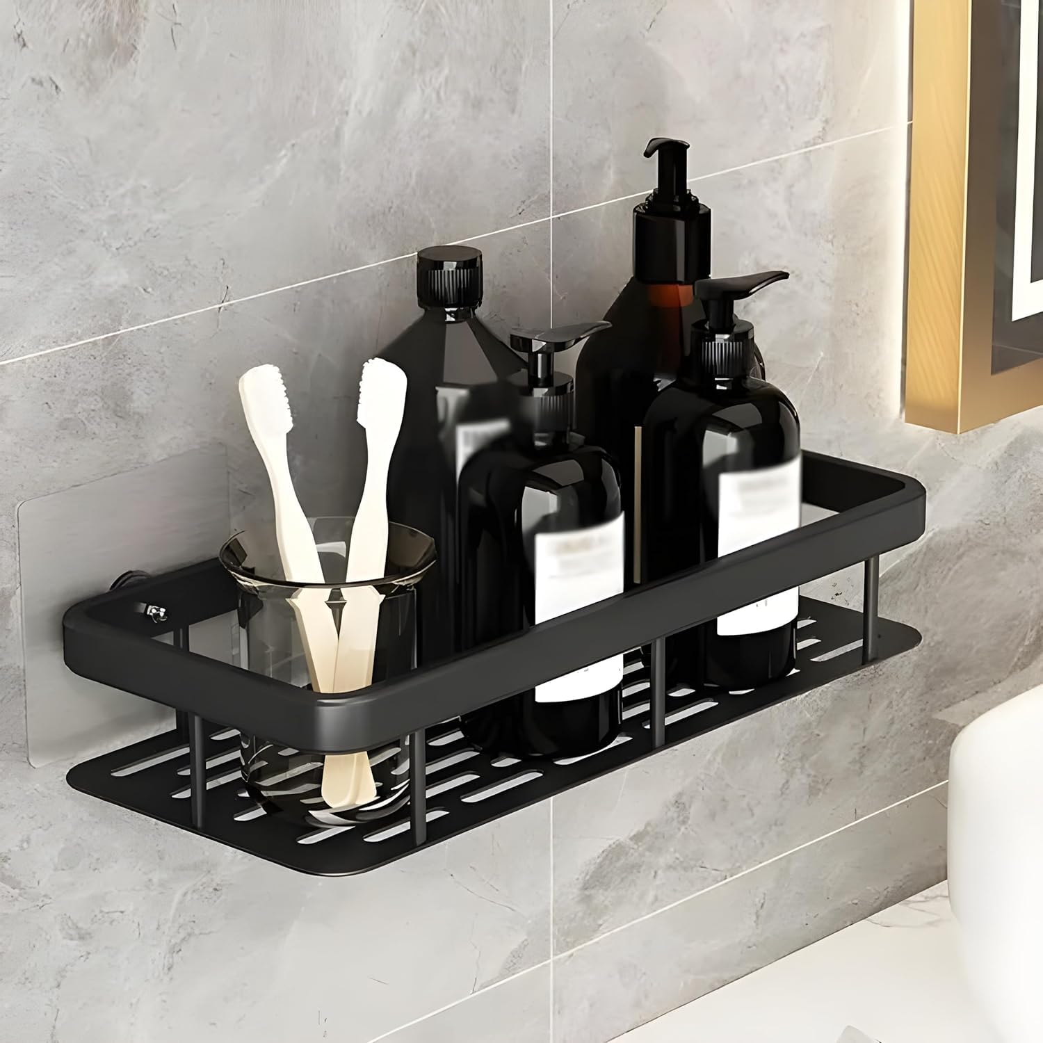 Claiez Aluminium Self-Adhesive Multipurpose Wall Mounted Bathroom Shelf and Rack Space Saving Bathroom Organizer Shelf, Punch Free Wall Shelves, Wall Stand (Pack of 1, Black Shelf)