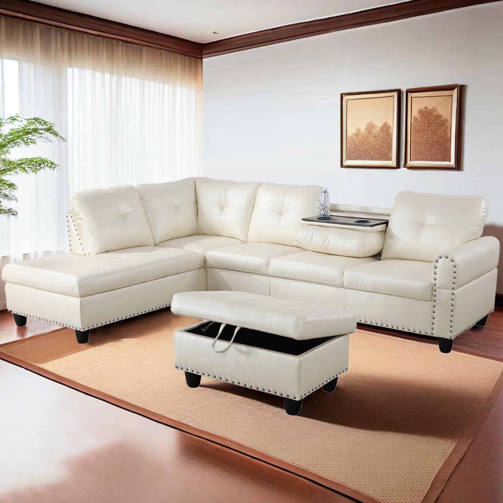 GlasFlength L Shaped Sectional Couch with Storage Ottoman, Modern Nailhead Comfy Lounge Sofa with Reversible Cup Holder & Chaise, 97" 4 Seat Modular Sofá for Living Room Apartment, Amaranth