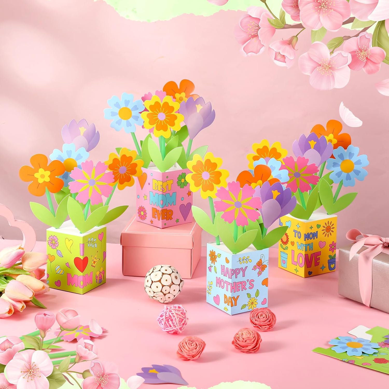 Motipuns 16 Set Mother's Day Flower Pot Crafts DIY for Kids-Spring Floral Bouquet Crafts Kit, Make Your Own Flower Pot,Standing Handmade Classroom Exchange Gift for Party Activity Mom Appreciation