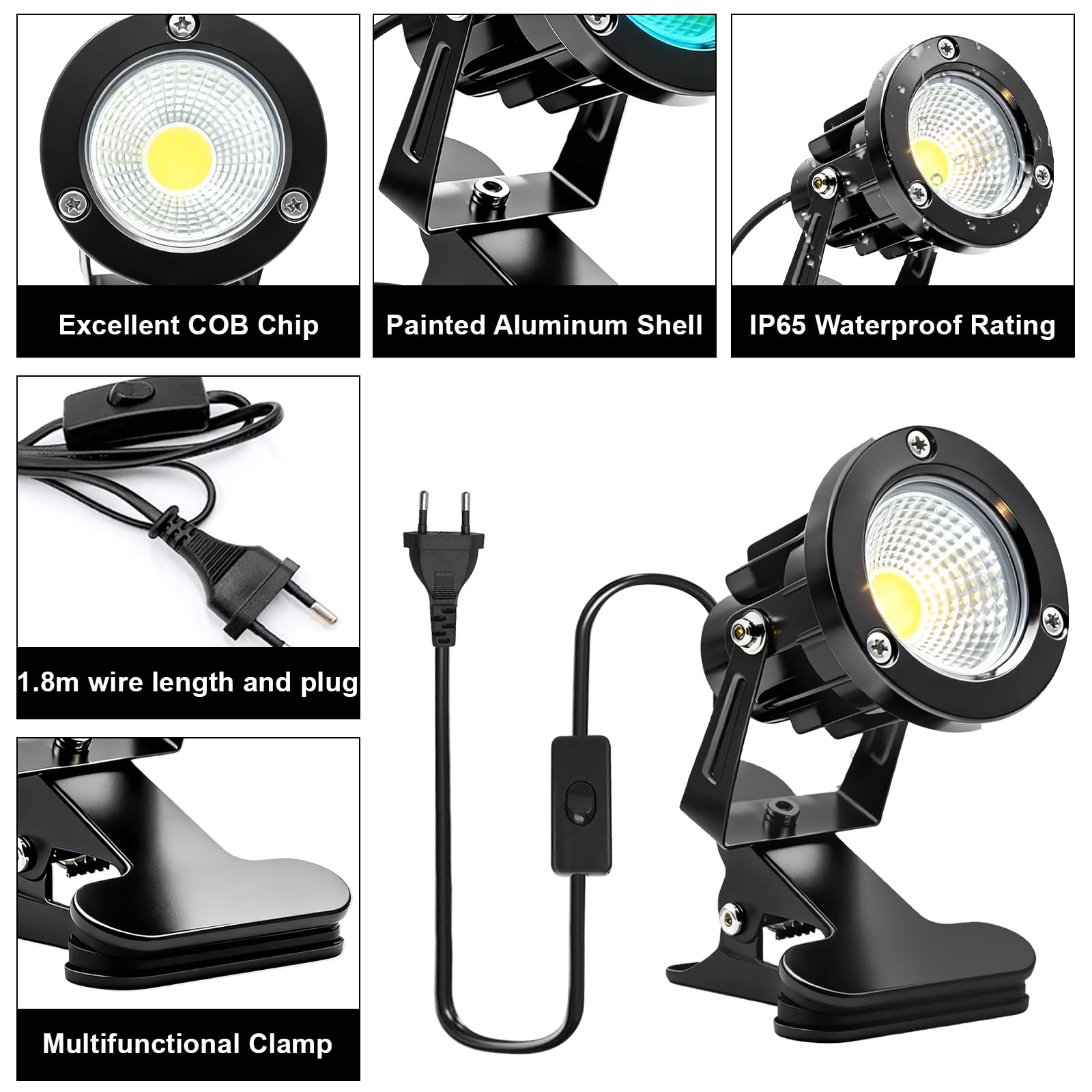 PORFOYO LED Spot Klemmstrahler, 6W RGB LED Klemmspot mit Fernbedienung, Strahler Klemmstrahler mit Stecker und Schalter, Schreibtischlampe, 4 Modi 16 Farbtöne, Wasserfester Klemmlampe für Innen Außen
