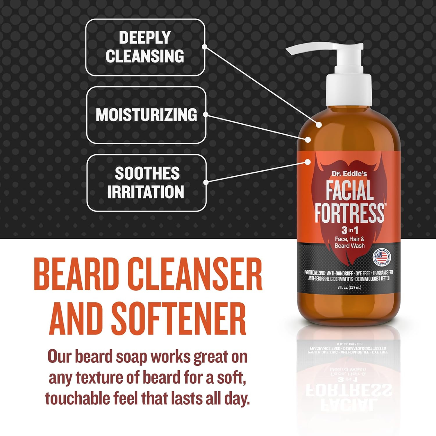 Dr. Eddie's 3 In 1 Face, Hair, & Beard Wash - Beard Dandruff Shampoo For Men, Beard Cleanser, Face Wash, Beard Care, Face Soap With Pyrithione Zinc - 8 Fl Oz (Pack Of 1) - Image 7