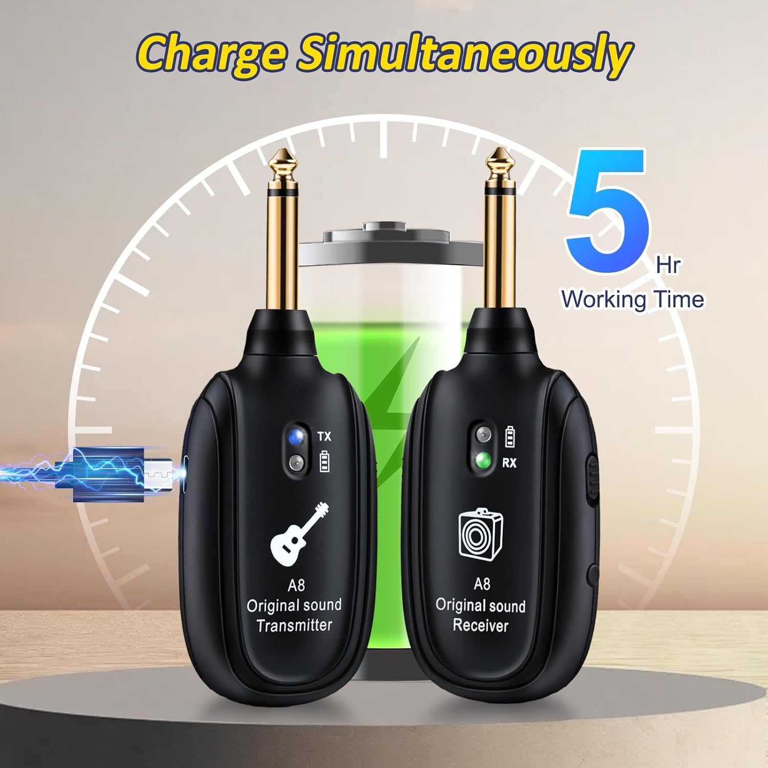 A8 Wireless Guitar Transmitter Receiver System, 2.4GHz Rechargeable, 24-bit/48KHz Audio, Low Latency <4ms for Electric Guitar & Bass, Wireless Audio Transmitter & Receiver (A8(1TX+1RX))