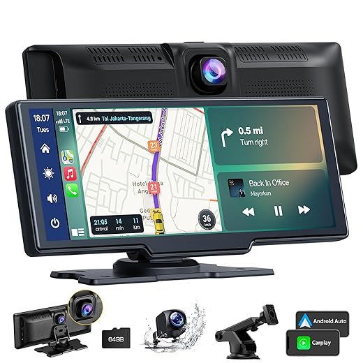 Volam 9.26" Wireless Carplay Screen with Apple Car Play and Android Auto,2.5K Front Dash Cam,1080P Backup Camera,Portable GPS Navigation with Bluetooth,5G WiFi, AirPlay,AUX/FM