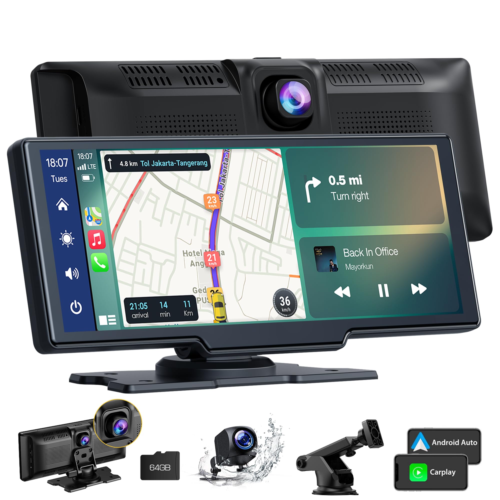Volam 9.26" Wireless Carplay Screen with Apple Car Play and Android Auto,2.5K Front Dash Cam,1080P Backup Camera,Portable GPS Navigation with Bluetooth,5G WiFi, AirPlay,AUX/FM