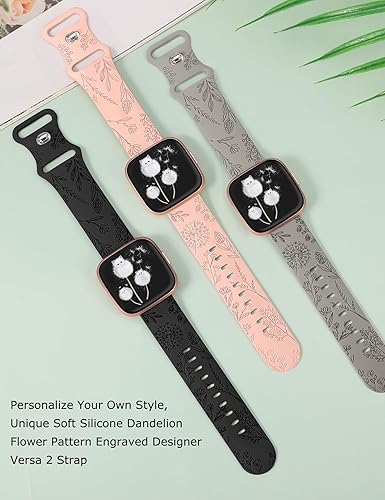 Miniatura 2 de Minyee Paquete de 3 correas grabadas florales compatibles con Fitbit Versa 2Versa Lite, silicona suave, patrón de flor de diente de león, correa
