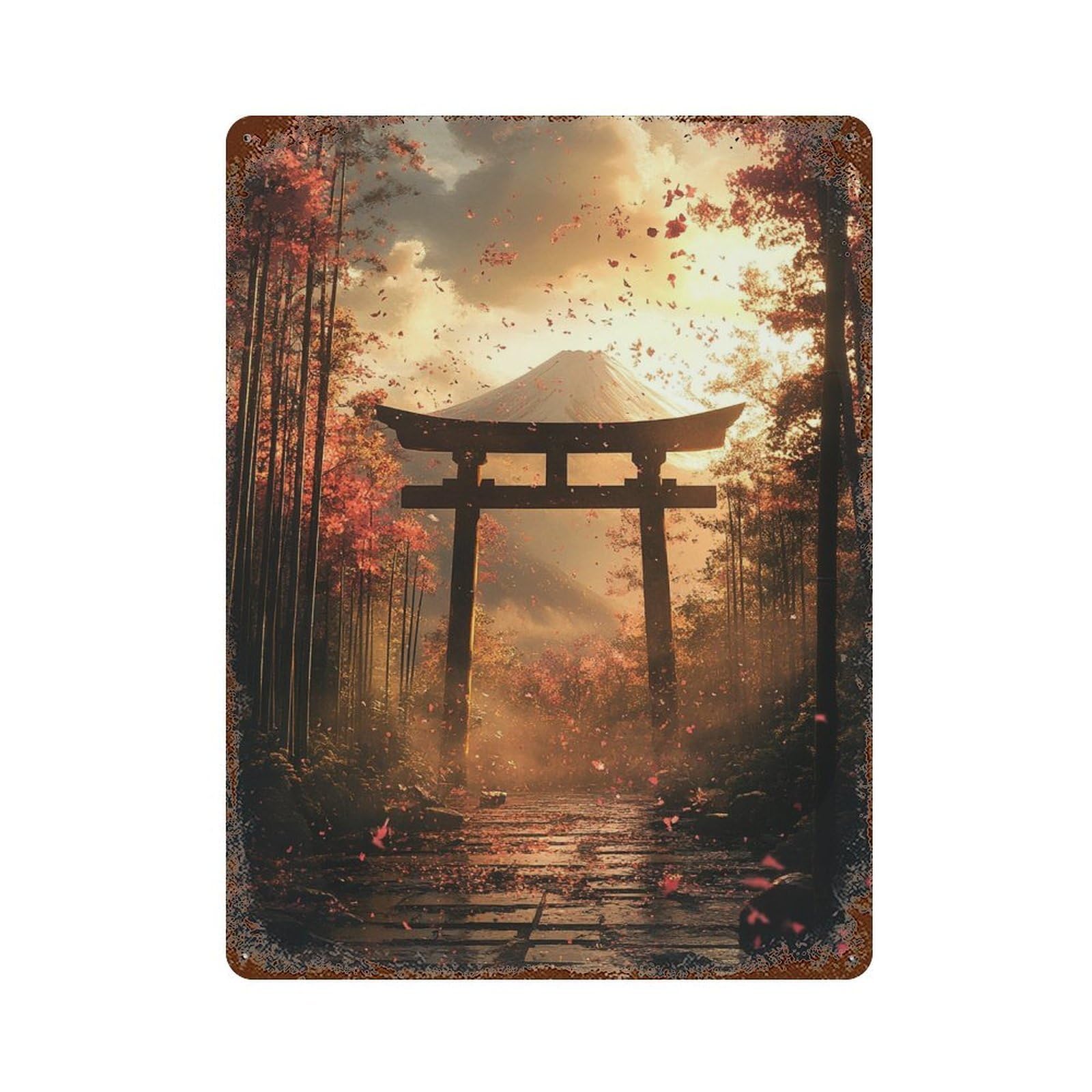 Japanese Torii Gate with Falling Leaves Weathered Tin Sign 15.7"x11.8", Classic Wall Plaque for Garage, Bar And Workshop Decor