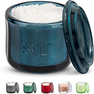 Glass Salt Cellar, with Lid, Embossed Pressed Glass, Clear Storage Container, for Coffee, Sugar, Spices and Candies, Hand Wash Only, 10 oz, (Navy Blue)