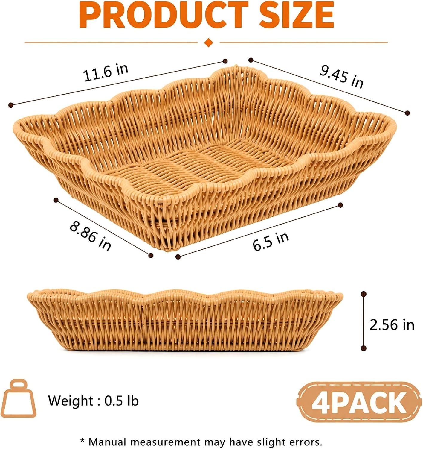 4 Pack Poly Wicker Scalloped Bread Baskets, Handwoven Picnic Trays