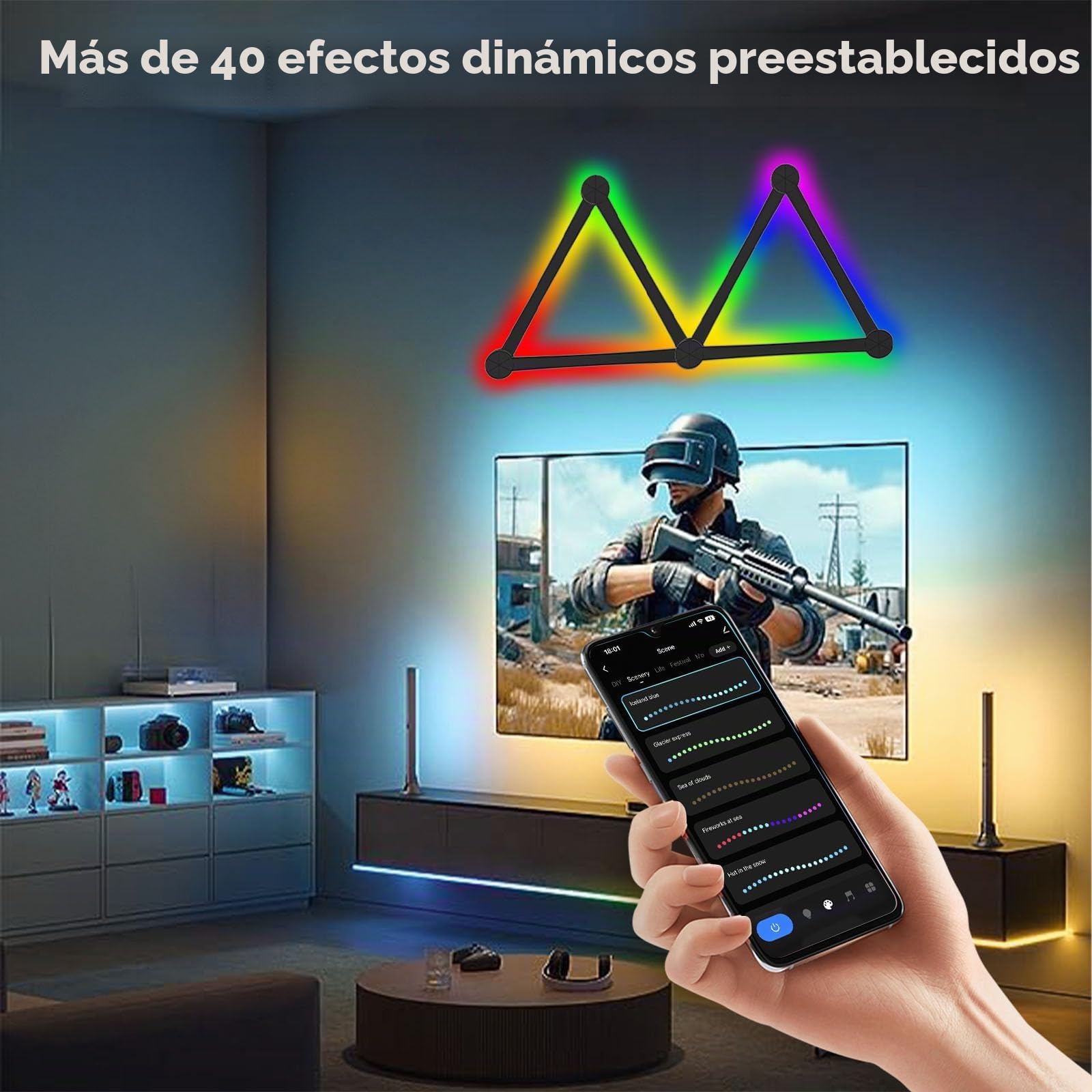 elice Luces de pared inteligentes Wi-Fi, 6 piezas, sincronización musical, multicolor, más de 40 escenas dinámicas, funciona con Alexa y el Asistente de Google, barra de luz LED para decoración del