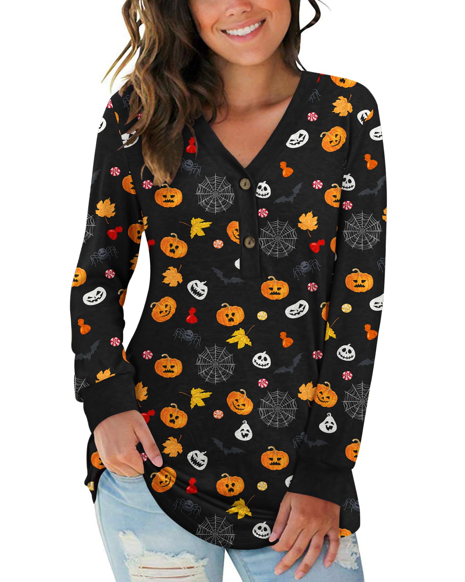 AUSELILY Damen Langarm Henley Top Bluse V-Ausschnitt Knopf Dünn Pullover | Frühjahr Herbst Winter Freizeit Oberteile Lose Knopfelemente T-Shirts Boho Leopardenmuster