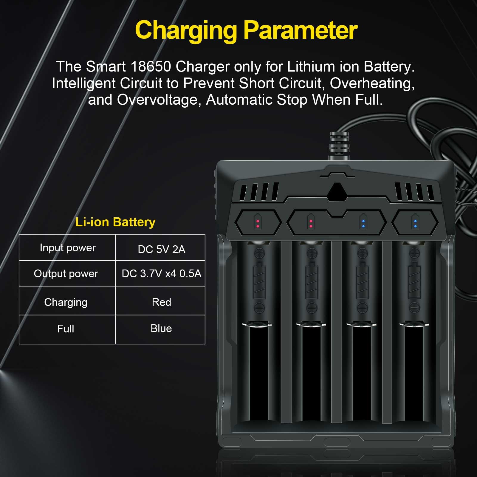 18650 Chargeur de batterie 4 baies 2 voies Smart Chargeur universel pour batteries rechargeables Lithium Li-ion IMR INR ICR 10440 14500 16340 20700 21700 22700 26650 26700 sans batterie