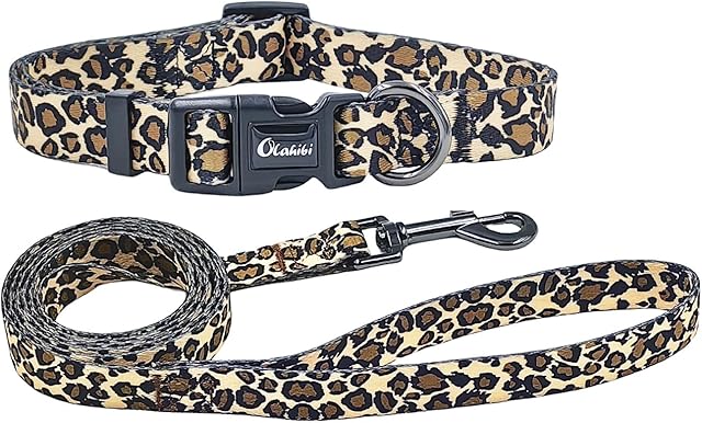 Olahibi Basic Dog Collar and Leash Combo Set, Leopard Pattern, Polyester Webbing, Collar and 150CM Matching Leash for Small Dogs.(S, Leopard Set)