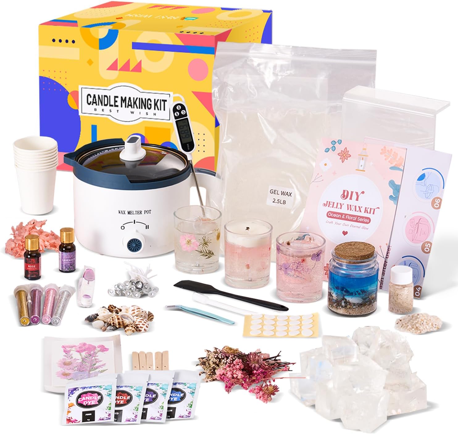 DIY Jelly Wax Candle Making Kit with Jars - Complete Transparent Gel Candle Maker Kit, Ocean Theme Gel Kit & Floral Jelly Wax Set, Includes Dried Flowers, Shells & Essential Oils