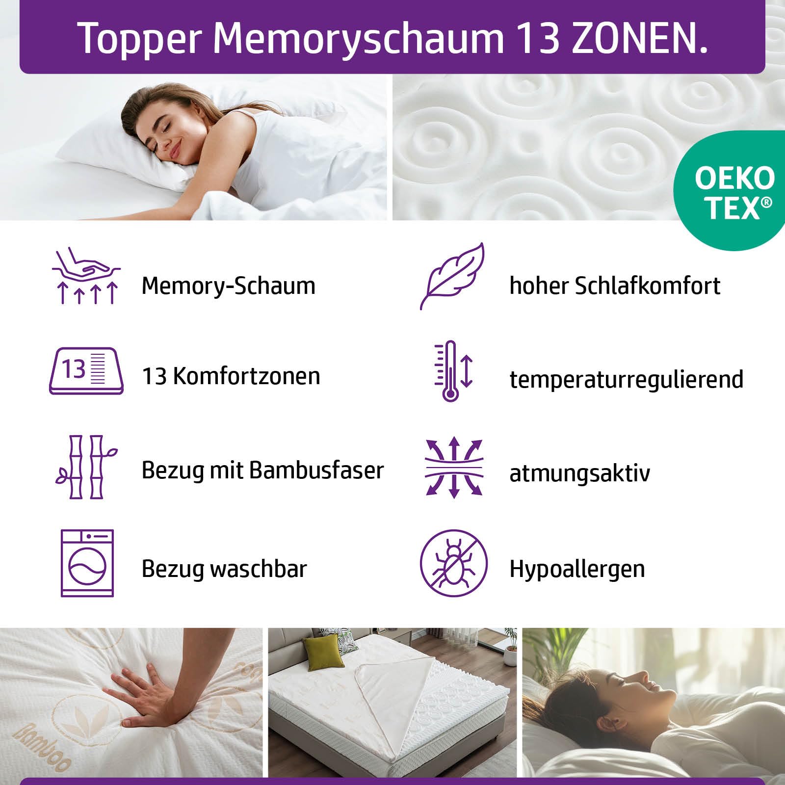Matratzen Topper memory foam inkl. Bezug | 7 Größen | 80x200cm - 180x200cm | 5cm dicker Memory-Schaum | orthopädisch wasserdicht temperaturregulierend Maschinenwaschbar | Öko-Tex | 180x200cm