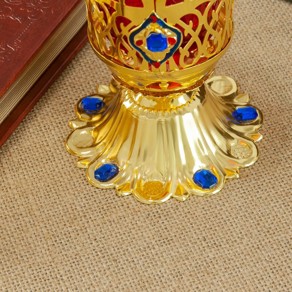 Orthodox Christian Vigil Oil Lamp, Zinc Alloy Oil Lamp with Red Glass Cup and Bracket for Church, Altar and Ceremonial Use (I-Blue)