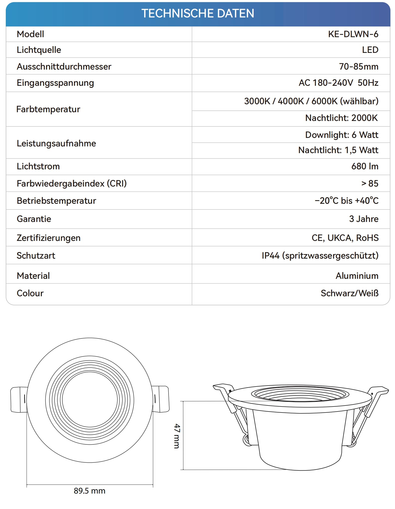 KEELED Einbaustrahler LED 6W, mit Nachtlicht 1.5W, LED Spots 230v, 3000K/4000K/6000K Wählbar, Schnittloch 70-85mm, IP44, Gehäuse aus Aluminiumdruckguss, 12er Set