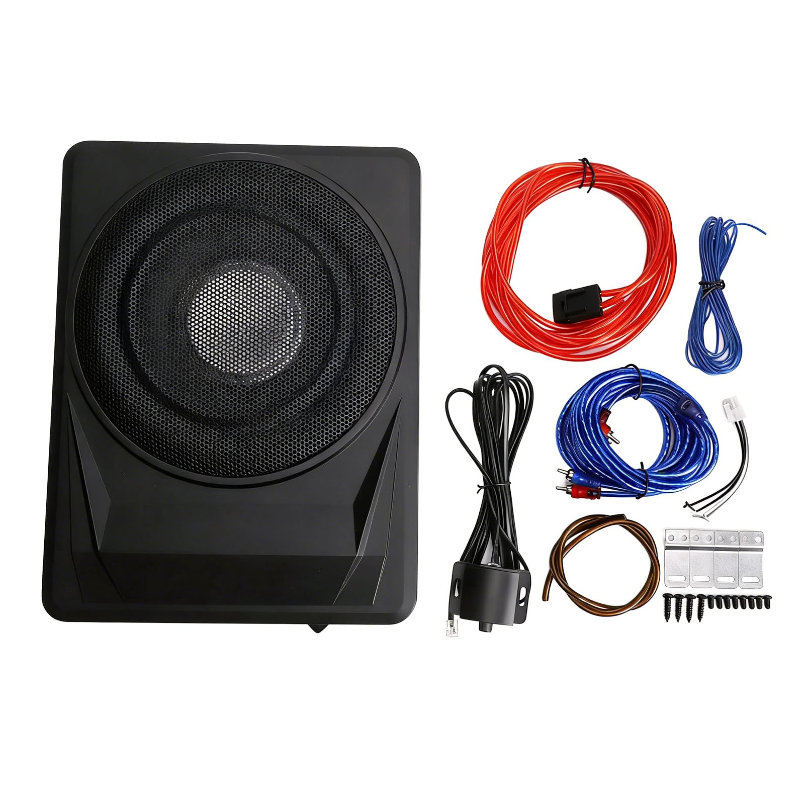 Qqmora Subwoofer Sottile per Auto da 10 Pollici Subwoofer Alimentato Attivo Sotto il Sedile 1200 W di Picco Amplificatore Integrato Custodia in Lega di Alluminio con Kit di