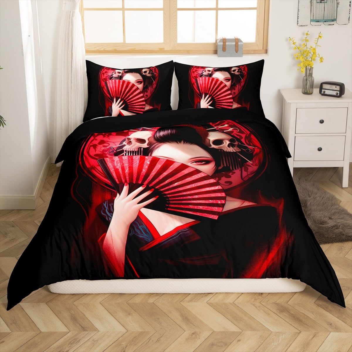 Loussiesd Japanese Ukiyo Duvet Cover Set Super King Size For Kids Boys Girls Teens Japan Art Geisha Bedding Set Japanese Tradition Aesthetic Duvet Cover with 2 Pillowcases — image 1