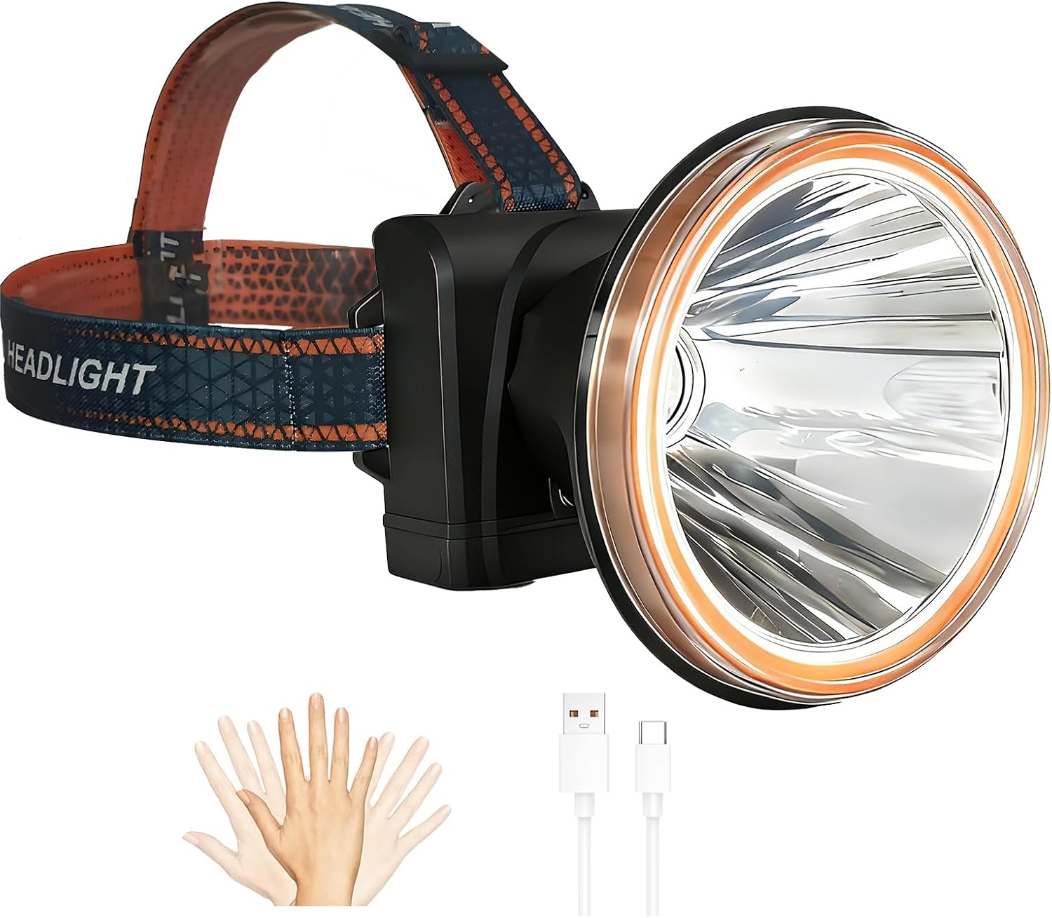 Ultra Bright LED Headlamp, 1000 Lumens Spotlight with Motion Sensor, Rechargeable with Power Display, 3 Modes, Long Distance Light, USB-C Charging