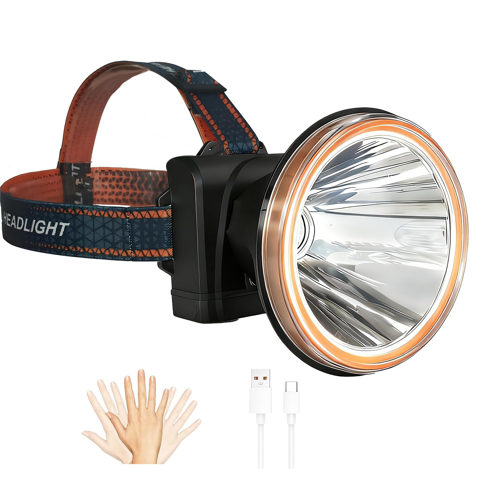 Ultrahelle LED Stirnlampe, 1000 Lumen Strahler mit Bewegungsmelder, Wiederaufladbar mit Power-Anzeige, 3 Modi, Langstreckenlicht, USB-C-Ladung