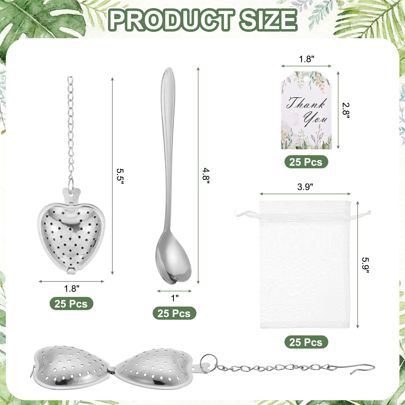 sourcing map Lot de 25 cuillères en forme de cœur avec infuseur en forme de cœur avec carte de remerciement, sac en maille, pour cadeau souvenir de mariage, accessoires de thé, cadeau de retour