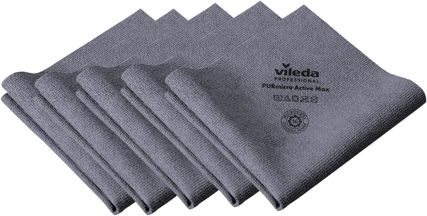 Vileda Professional, Bayeta Purmicro Active MAX, Gris, 5u, Microfibra XL, Recubrimiento Pur, Superficies Lisas, INOX y Vidrio, Alta absorción, Secado sin rastros, 50x44cm