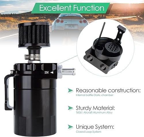 Miniatura 4 de Kit universal de lata de aceite para automóvil, tanque de depósito automotriz deflectado, 10.1fl oz con respiradero de aluminio compacto doble
