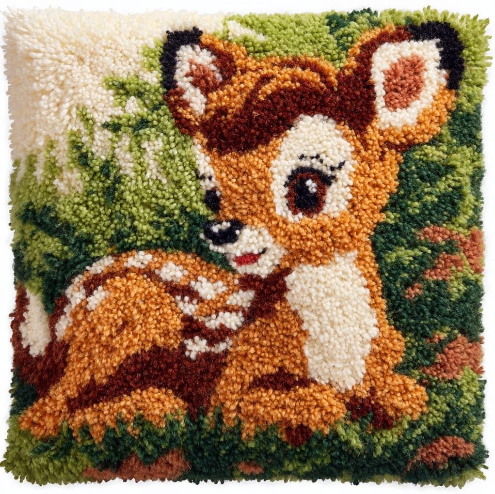 WallustrioaW DIY Latch Hook Kits,Deer in the Forest,Needlework Pillow Cover DIY Hooks Knitted Pillow Embroidery Latch Hook Cushion Kit,17x17in