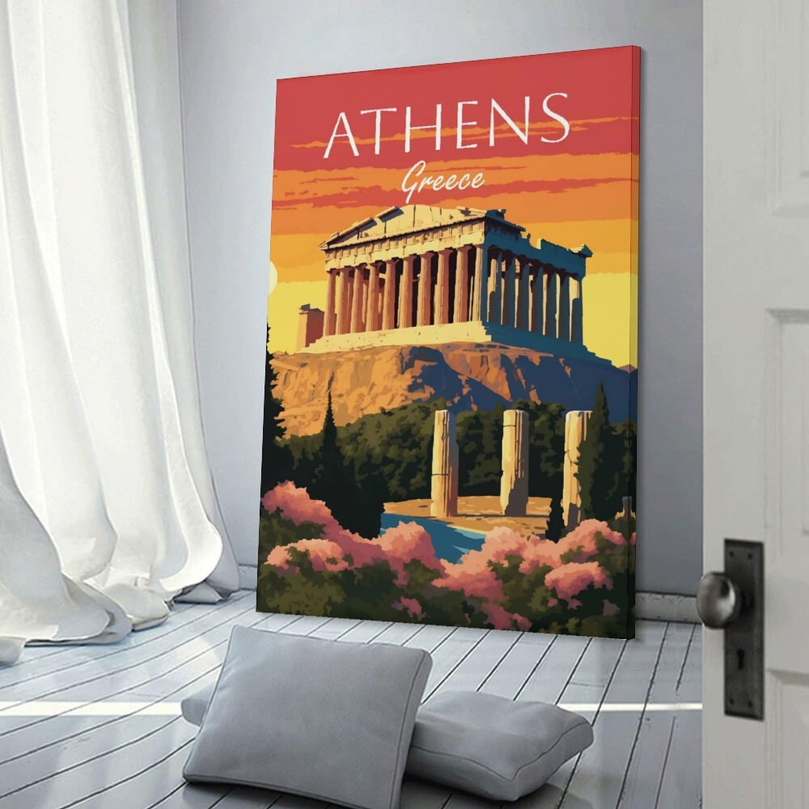 Junmoney Athens, Greece Sunset Wall Picture Print, 12x18inch(30x45cm), for Flats, Guest Rooms Or Compact Rooms, Decorative Canvas Decor for Home Updates