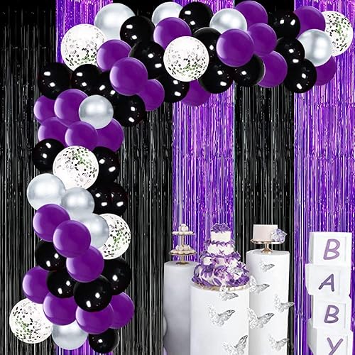 Decoraciones de fiesta moradas y negras, telón de fondo de flecos de papel de aluminio morado y negro, kit de arco plateado para graduación,