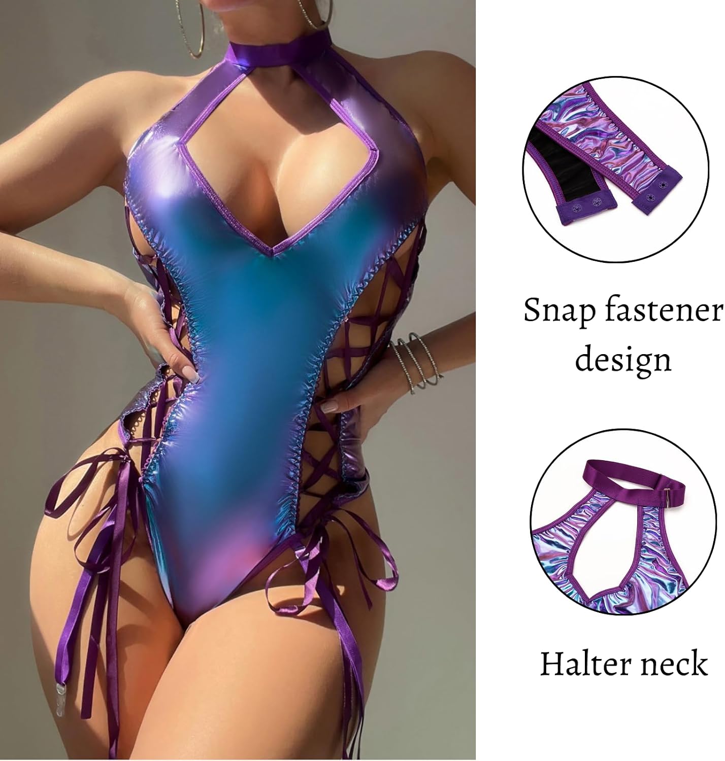 Women Sexy Leather Garter Bodysuit with Stockings Halter Neck Teddy Lingerie Lace Up Corset Wetlook Hollow One Piece