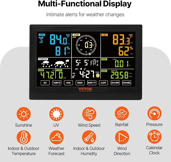 VEVOR Stazione Meteorologica Wireless Solare Interni Esterni Schermo a Colori 7,9 Pollici Funzione 7 in 1, Stazione Meteo Display 7,9 Pollici Distanza di Trasmissione da 150m, Stazione Meteo Solare - 5