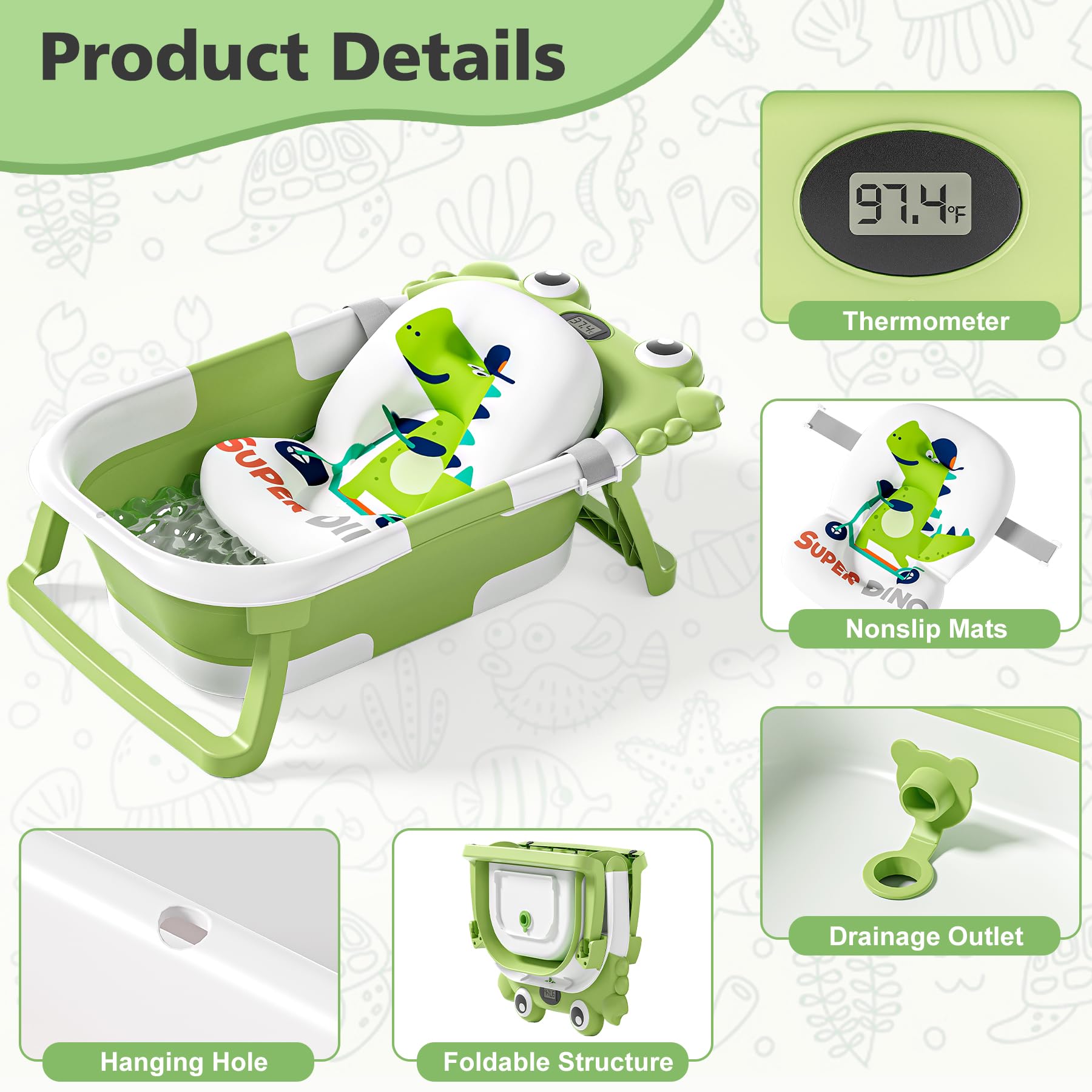 Bañera plegable para recién nacidos con termómetro y cojín flotante suave, portátil y plegable, bañera de viaje para bebés y niños pequeños de 0 a 36 meses (verde)