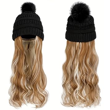 Beanie Hat Wig for Women, Long Wavy Hair Extensions Hat Attached 20" Curly Synthetic Hairpiece for WinterMixedColour
