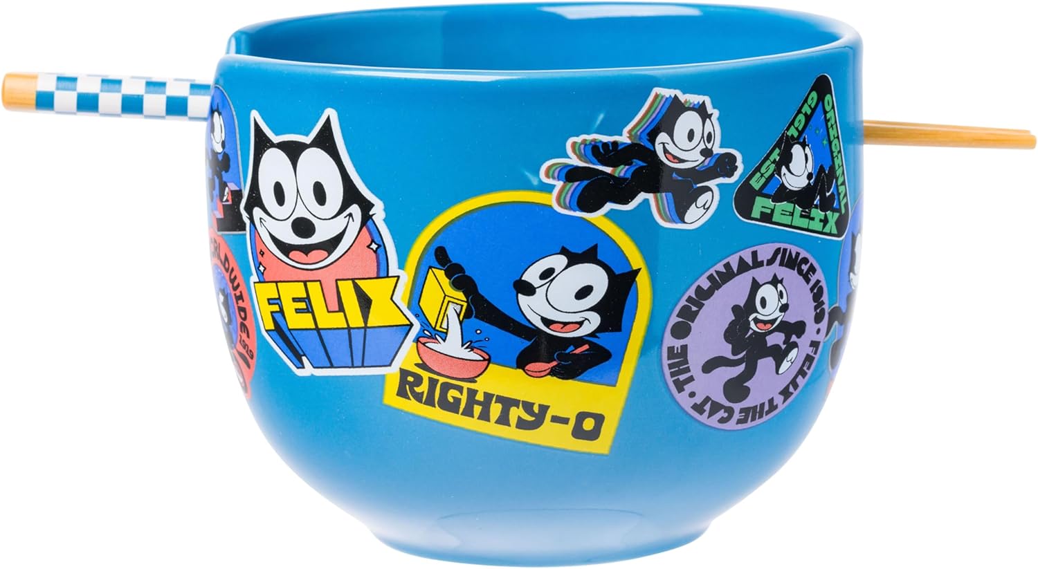 Silver Buffalo Felix the Cat Ceramic Ramen Bowl with Chopsticks, 20 Ounces