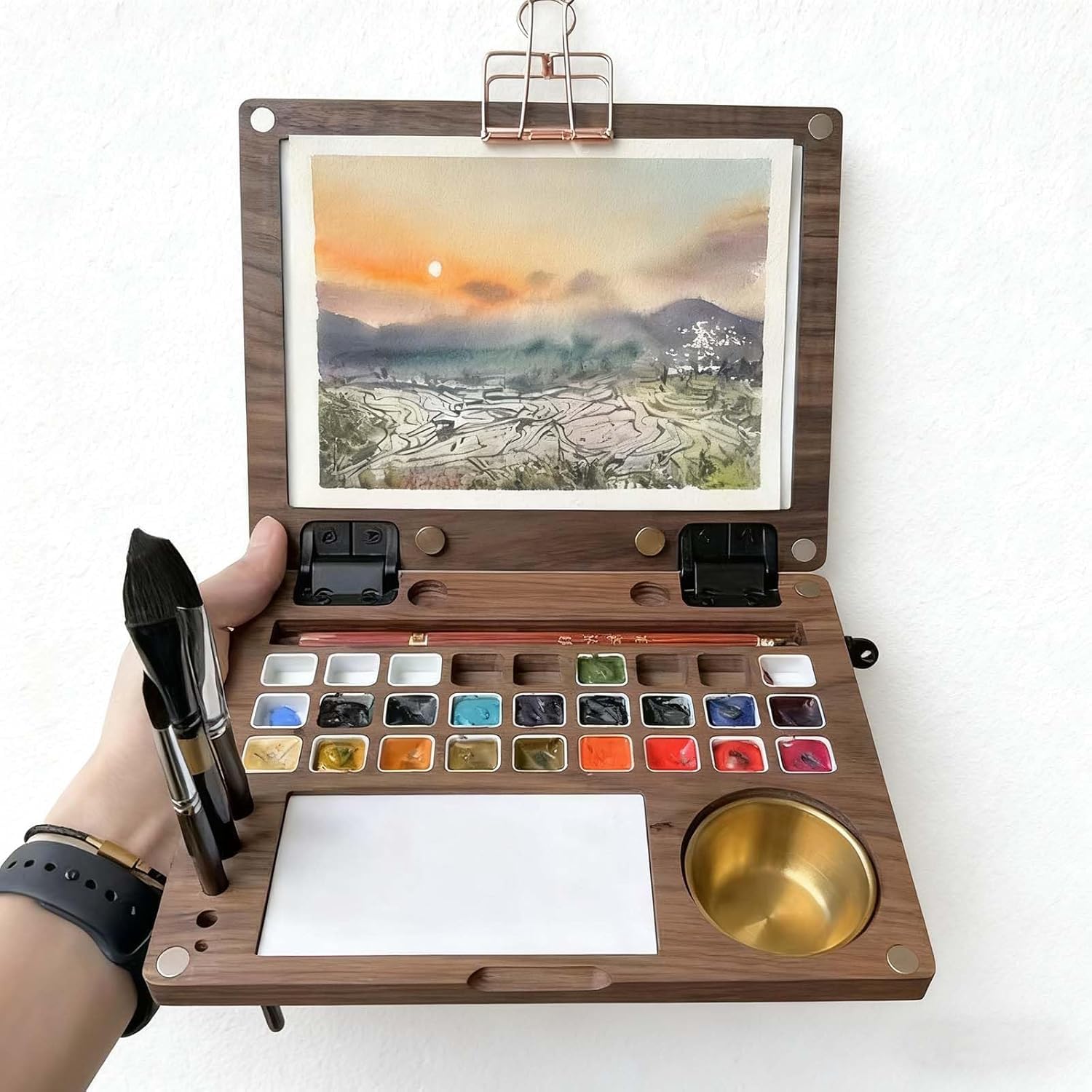 Palette d'aquarelle, design portable à 27 compartiments, boîte multifonction en bois de noyer avec fente pour pinceau, supports et tasse de nettoyage pour la peinture