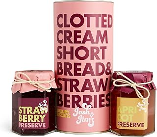 Josh & Jim's Luxury Fruity Trio Gift Pack - Clotted Cream Shortbread with Strawberries 160g, Mini Strawberry Preserve 114g & Mini Apricot Preserve 114g | Great Gift Hamper - Vegetarian Friendly