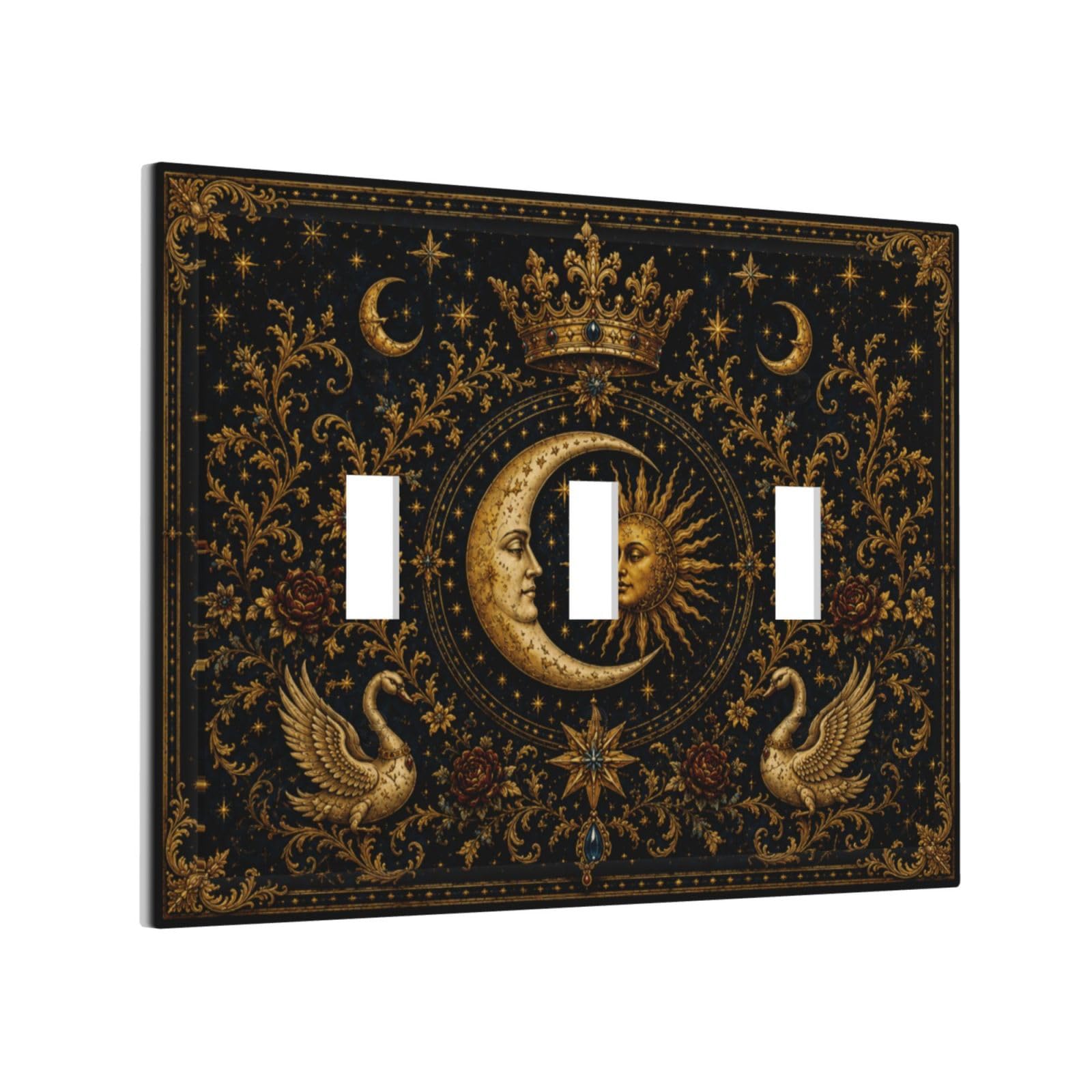 Thsanju Celestial Sun Moon Fantasy Outlet Covers Triple Toggle Light Switch Covers Decorative Royal Gold Magical Fantasy 3 Gang Wall Plate 3 Hole Electrical Device Switchplate Faceplate For Home Decor